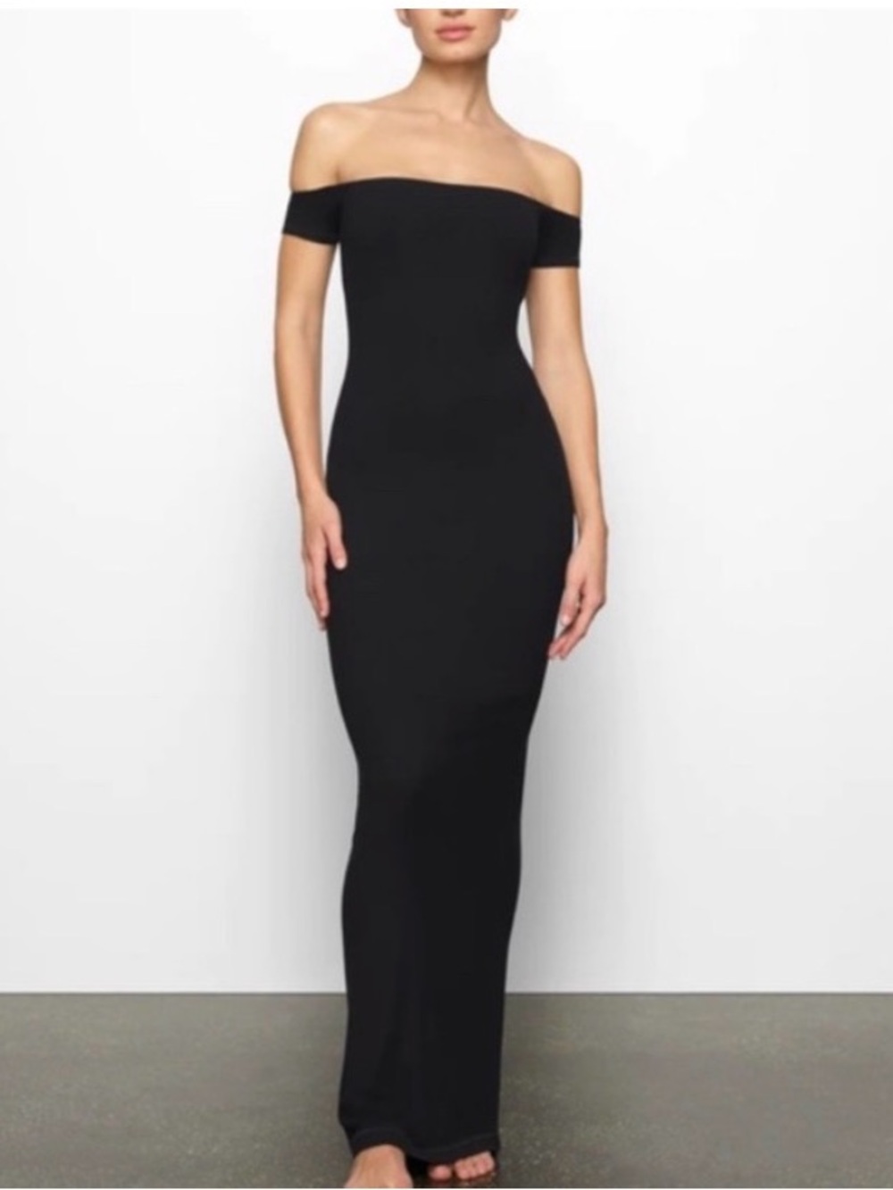 SKIMS Soft Lounge Off the Shoulder Dress Black Maxi Sexy Stretch NWOT EUC